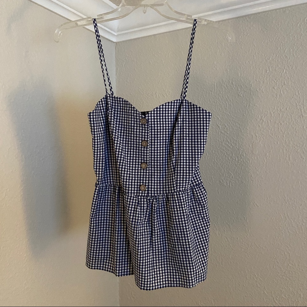 Blue and white checker spaghetti strap peplum top